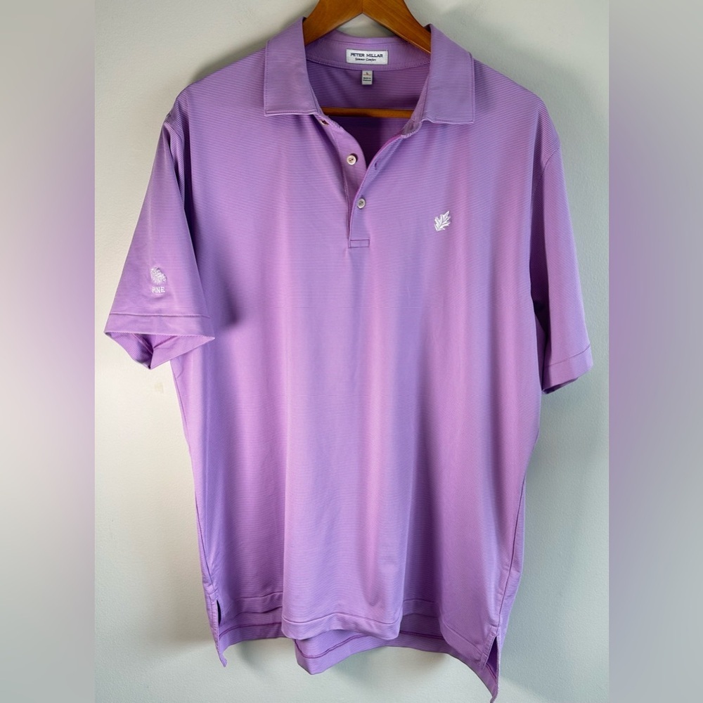 Peter Millar Summer Comfort Men's Polo Shirt Purple Stripes Pine Logo Sz L EUC